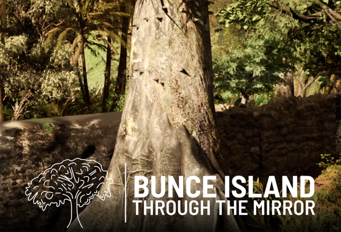 A poster for Bunce Island: Through the Mirror featuring the project's logo superimoposed over a digitally-rendered virtual environment.